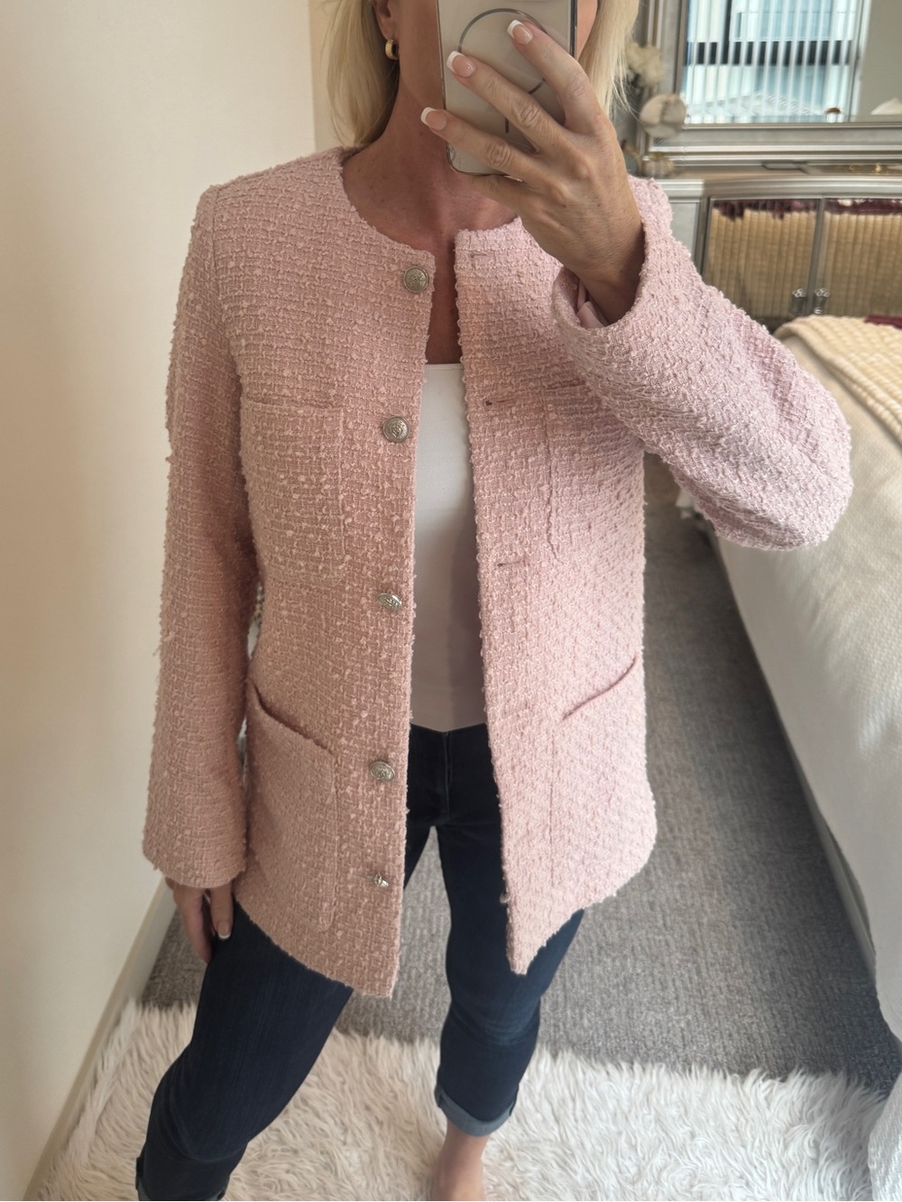 H&M Pink Tweed Style Textured Weave Jacket Pink Size XS